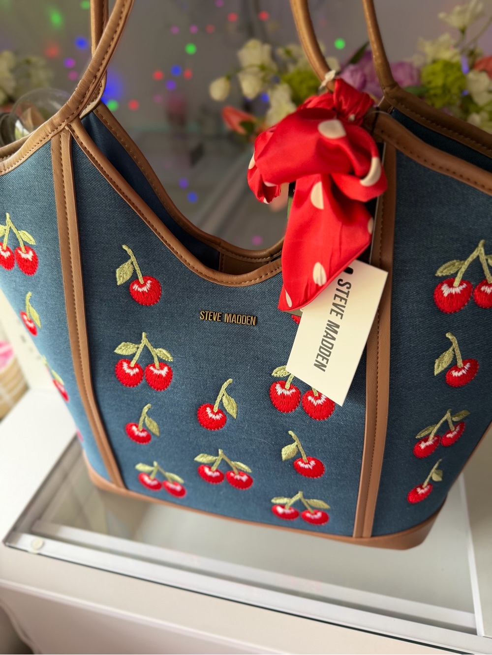Steve Madden Navy Cherry Embroidered Tote with Brown Trim and Red Bow - Picture 2 of 8